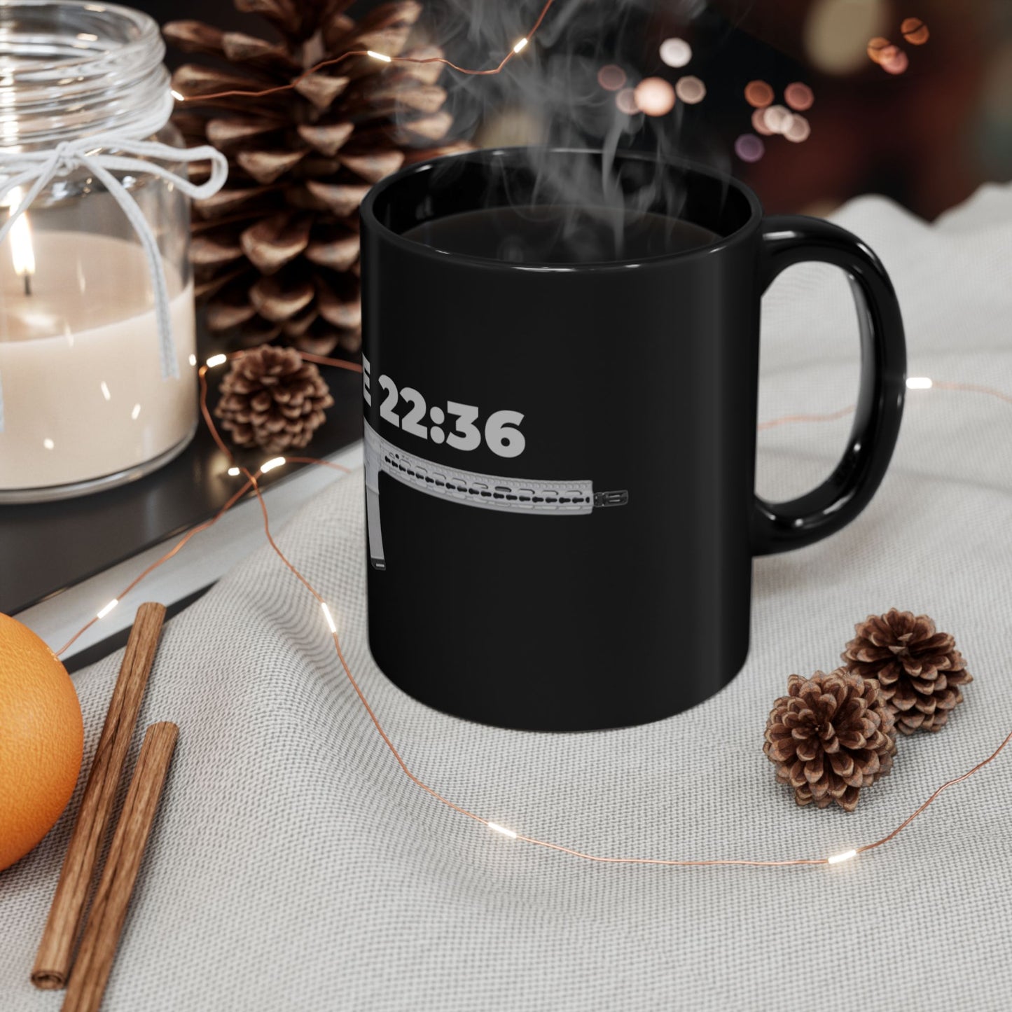 Luke 22:36 Rifle Graphic Mug — Christian Faith & Defense Black Coffee Cup