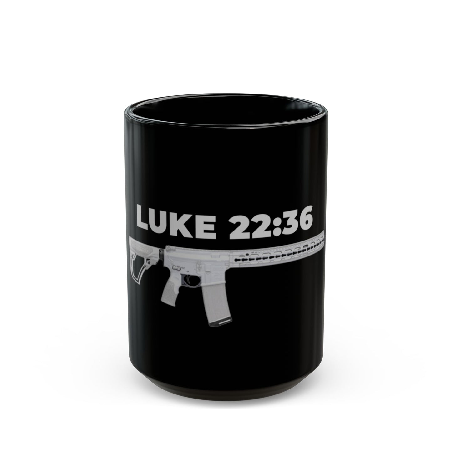 Luke 22:36 Rifle Graphic Mug — Christian Faith & Defense Black Coffee Cup