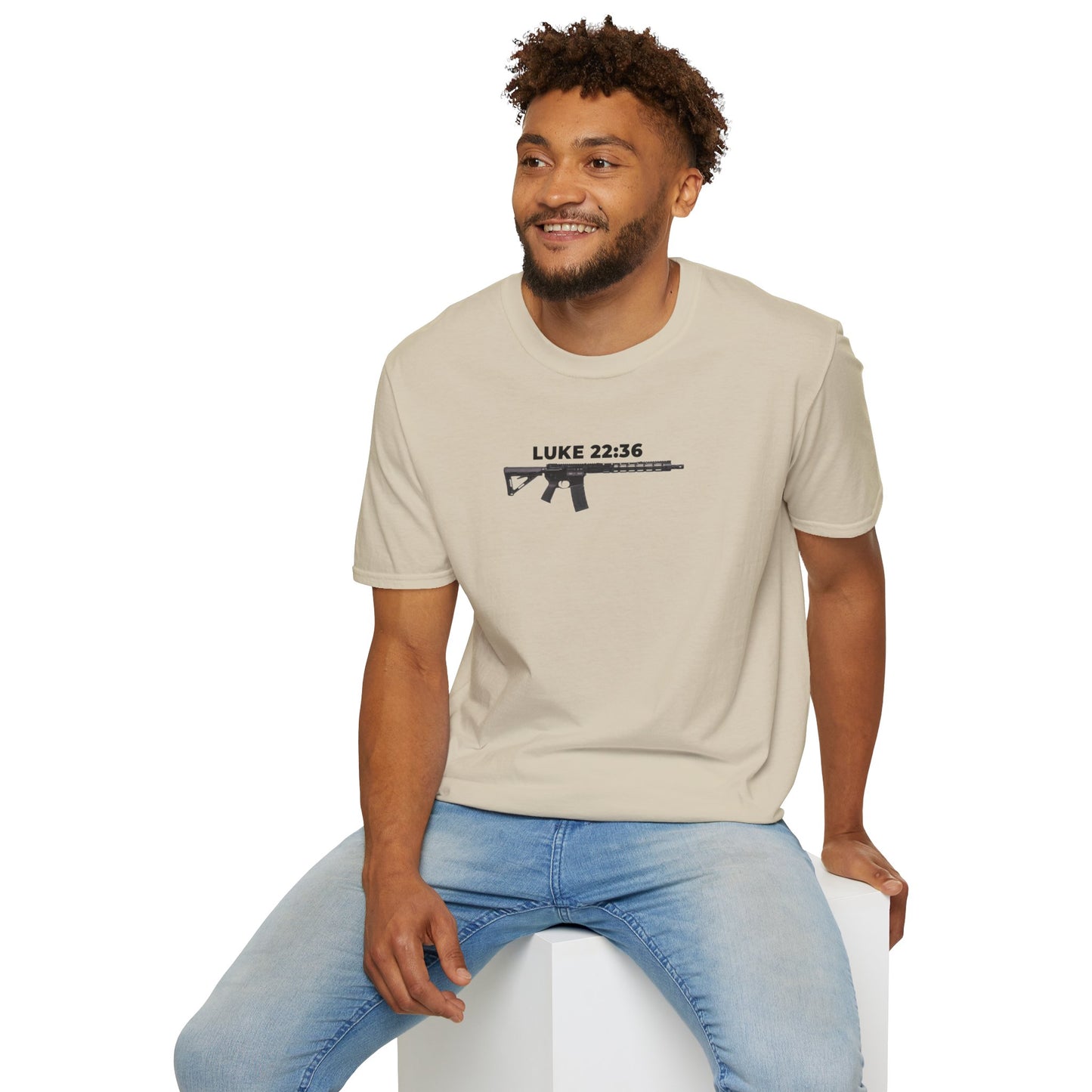 Sell your cloak and buy a sword — "Luke 22:36" Rifle Graphic Christian Faith Tee